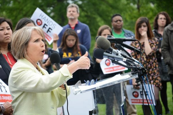 Michelle Lujan Grisham at a rally. By AFGE - #Handsoff Budget Rally, CC BY 2.0