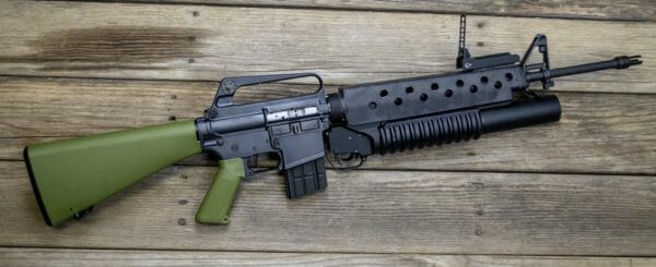 The LMT M203 launcher installed on the Brownells BRN-601 AR-15 Retro rifle.