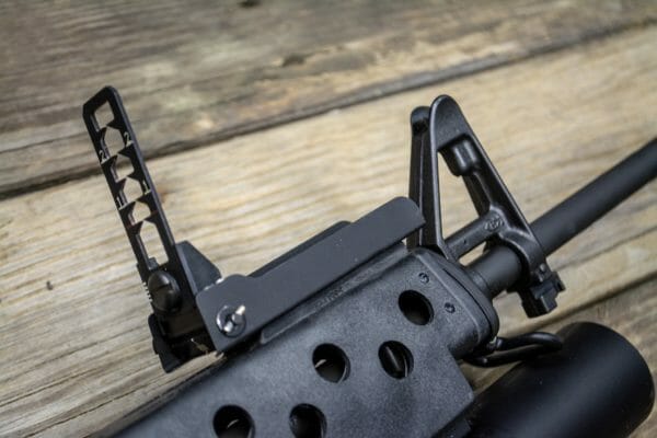 The handguard leaf sight works of the M203 Grenade Launcher with the existing A2 front sight to line up your target at ranges from 50 to 250 meters.