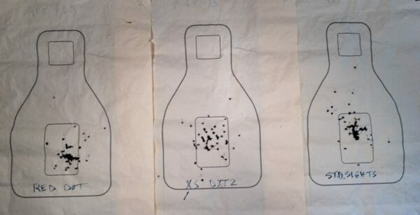 Both the FBI and Air Marshal qualifications use the QIT-99 targets. I was experimenting with different sights and ran the FBI drill on these. The Air Marshal qual requires that 27 (or more) out of 30 shots land in the inner target zones. 