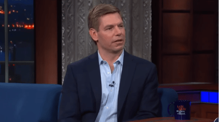 Anti-gun California Congressman Eric Swalwell has launched a presidential campaign with gun control as a central theme. (Screen snip, YouTube, The Late Show)