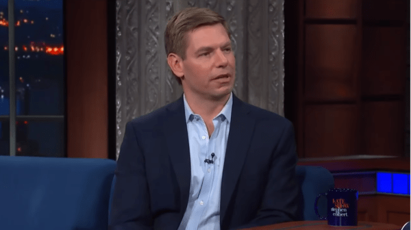 Anti-gun California Congressman Eric Swalwell has launched a presidential campaign with gun control as a central theme. (Screen snip, YouTube, The Late Show)