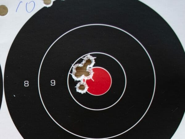 Practical accuracy was nothing to sneeze at with either pistol. Here's a group of the Hornady load from 15 yards. 