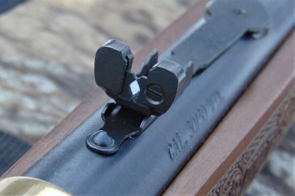 The Henry Cowboy Carbine Side-Gate Lever Action Rifle comes with a fully adjustable semi-buckhorn rear sight.