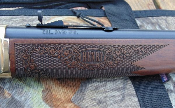 The Henry Cowboy Carbine Side-Gate Lever Action Rifle has a beautifully checkered forearm and buttstock.