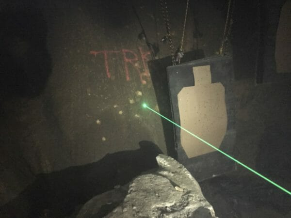 The only reason you see this laser beam is because the cave is chock full of smoke. Otherwise it would be largely invisible except for the dot on the wall.