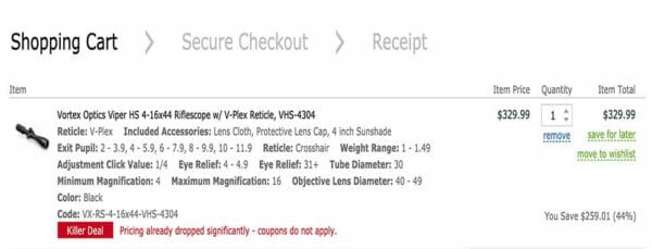 Shopping Cart Confirmation Vortex Optics Viper HS 4-16x44 Riflescope w/ V-Plex Reticle $329.99 - 5/28/2019