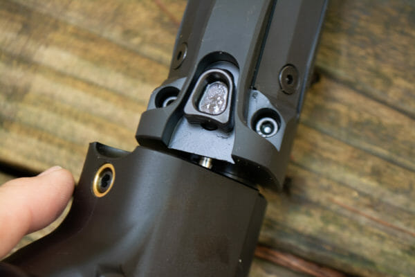 This Ruger PC Carbine is a take-down model. Just push that big lever about a quarter of an inch, rotate, and the front end comes off. It takes less than two seconds and requires no tools. This Ruger PC Carbine is a take-down model. Just push that big lever about a quarter of an inch, rotate, and the front end comes off. It takes less than two seconds and requires no tools.