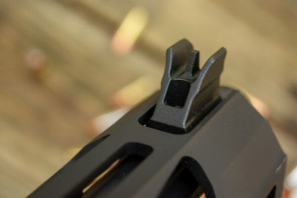 The Ruger PC Carbine front sight is sturdy and protected by wings. It's good to go for rough car and field use. The Ruger PC Carbine front sight is sturdy and protected by wings. It's good to go for rough car and field use.
