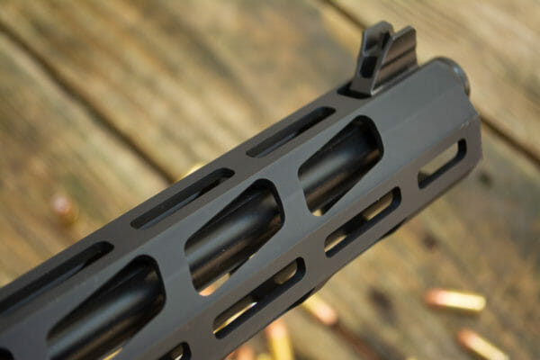 This Ruger PC Carbine model has M-LOK mounting points at the 12, 3, 6, and 9 o'clock positions and plenty of ventilation holes.