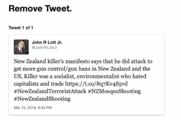 John R. Lott Jr New Zealand Mass Murder Banned Tweet