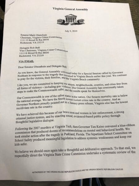 Joint letter from the Virginia Speaker of the House, Kirk Cox, and Senate Majority Leader, Tommy Norment, on using the State Crime Commission