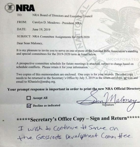 NRA President Caroline Meadows's Letter to Sean Maloney RE 2019 Committee Assignments