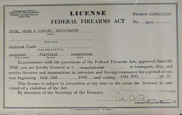 Sturm, Ruger's first federal firearms license. Issued July 21, 1949