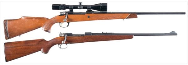 Two Mauser Bolt Action Rifles; TOP Parker Hale Mauser Rifle with Scope, BOTTOM Fabrique Nationale J.C. Higgins Model 50 Rifle