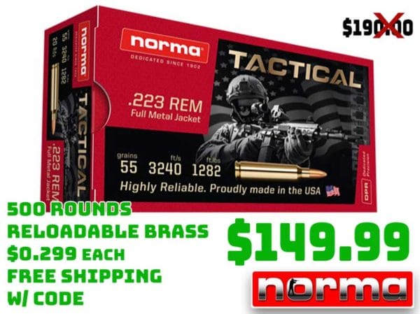 500rounds Norma TAC 223 Remington 55Gr FMJ Ammo 149.99 Deal