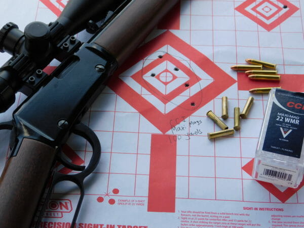 A 2 3/4 inch group posted with the Henry Frontier Rifle from 100 yards using CCI Maxi Mag 40 grain FMJ ammunition.