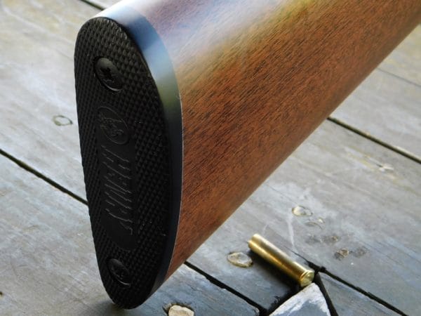 Henry Frontier Rifle Buttplate The buttplate on the Henry Frontier Rifle is checkered and made of a hard alloy. The only other alloy piece is the front barrel band.