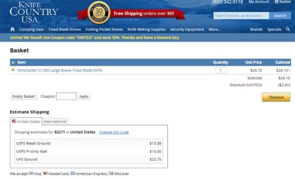 Winchester G1206 Large Bowie Fixed Blade Knife Cart Check