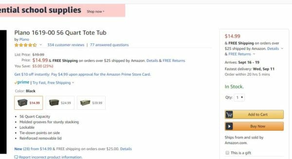 Plano 56 Quart Tote Tub $14.99, Buy 2 Deal Cart Check