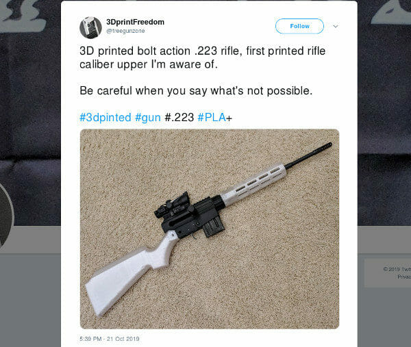 Image from Twitter 3D printed Bolt Action .223 Rifle, successfully Test Fired