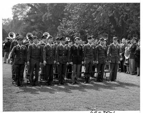 Army Capt. James Burt, center, receives the Medal of Honor at the White House in a ceremony with 14 others, on Oct. 12, 1945, nearly one year to the date of the start of the action at Wurselen, Germany, that closed the Aachen Gap.