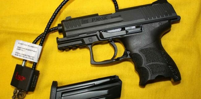 HK P30sk Chained Gun Locked Pistol IMG: Dave Workman