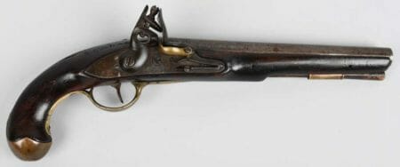 Simeon North (Middletown, Conn.) Model 1808 flintlock naval pistol, one of only 3,000 made, 10-inch barrel in .64 smoothbore. Iron lock stamped ‘U. States’ with early eagle image. Estimate: $6,000-$8,000