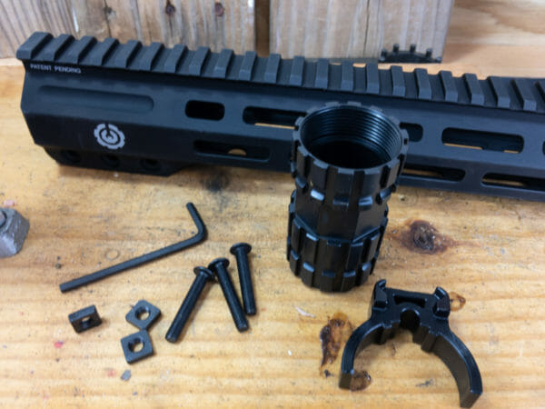 The Wrenchman only requires a standard crescent wrench when installing or changing your AR handguard. Everything else is included in the box. Note the flats in the center of the barrel nut.