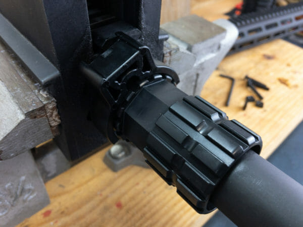 After you put the Wrenchman barrel nut on and hand tighten it, install the timing tool in this position, so a solid turn with the wrench will line it up with the receiver.