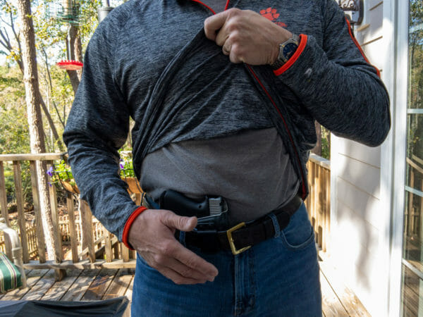 One big benefit of appendix carry is the ease of reaching and clearing the cover garment. Everything is in easy reach.