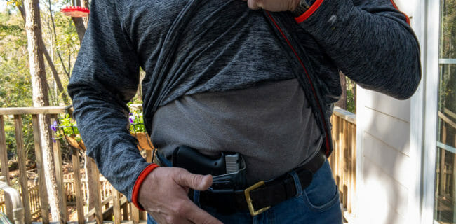 One big benefit of appendix carry is the ease of reaching and clearing the cover garment. Everything is in easy reach.