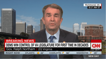 Virginia Gov. Ralph Northam vowed Wednesday in an interview with CNN that he will revive his gun control agenda and introduce it in January now that Democrats will be in full control of the Virginia legislature. (Screen snip, CNN)