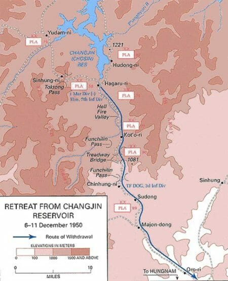 A map illustrates the path of United Nations troops during the Battle of Chosin Reservoir