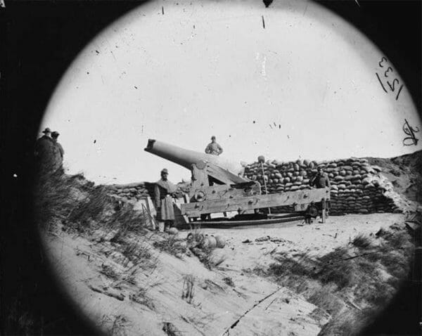 A cannon is posted at Fort Fisher, N.C., during the Civil War.