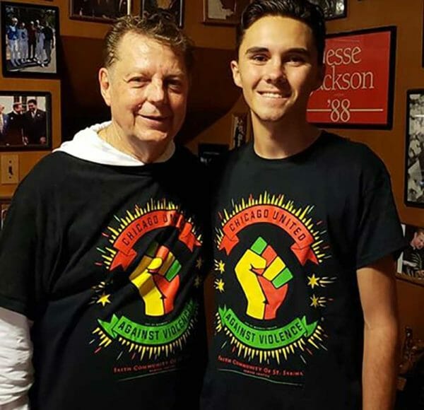 Because nothing says “Stop the violence” like a clenched fist, and “Snuffy” and David Hogg are birds of a feather. (Father Michael Pfleger / Facebook)