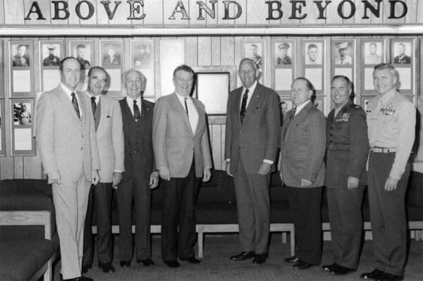 Marine Corps Medal of Honor recipients pose for a group portrait during a visit to the Marine Corps Development and Education Command, Jan. 22, 1985. From left to right: Howard V. Lee, William E. Barber, Mitchell Paige, Joseph Foss, Louis Wilson, Jacklyn Lucas, Harvey Barnum and Wesley Fox.