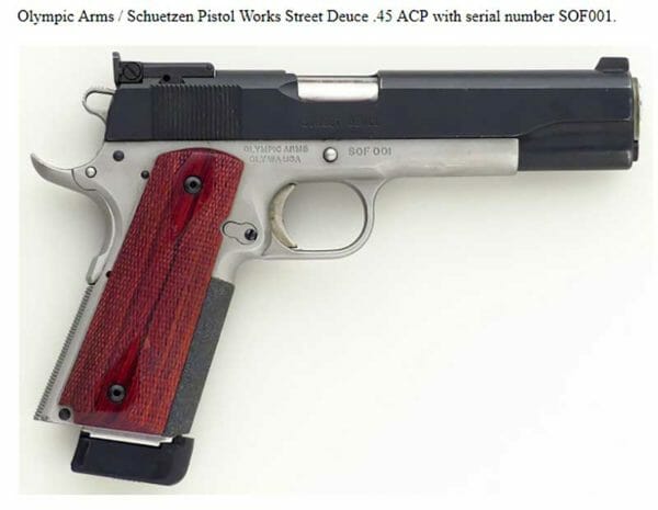 Olympic Arms Schuetzen Pistol Works Street Deuce .45 ACP with serial number SOF001