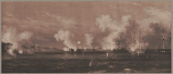 A view of the naval attack on Fort Fisher during the Civil War.