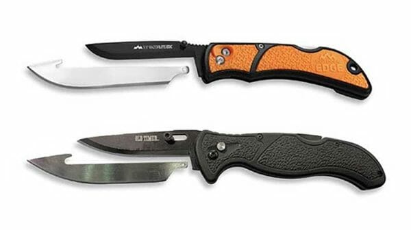 The Outdoor Edge RazorLite EDC (orange) on top and the American Outdoor Brands Old Timer knife (black) on bottom.