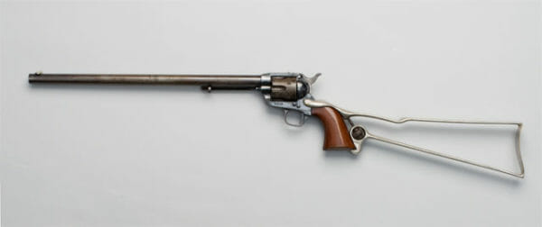 Long barreled Colt revolver with stock from the Autry museum