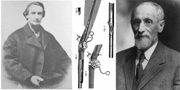 Christopher Spencer as a young and old man along with his rifle patent.