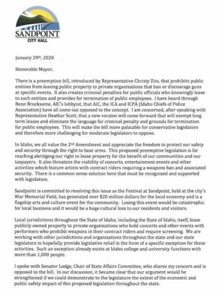 Read the Gun Control Letter Sent to by Sandpoint Idaho's Mayor Shelby Rognstad