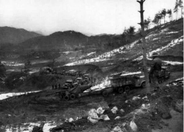 Slowed by muddy roads, the 5th Marines and reinforcing artillery move into their sector as the division occupied new positions along the Jamestown Line northeast of Seoul, Korea.