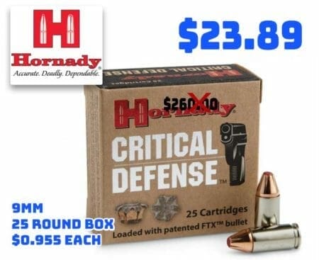 Hornady Critical Defense in 9mm, FTX, 115 Grain Deal sept2020