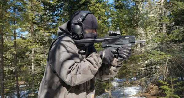 Video screenshot of shooting the FGC-9 Carbine. Cropped and scaled by Dean Weingarten