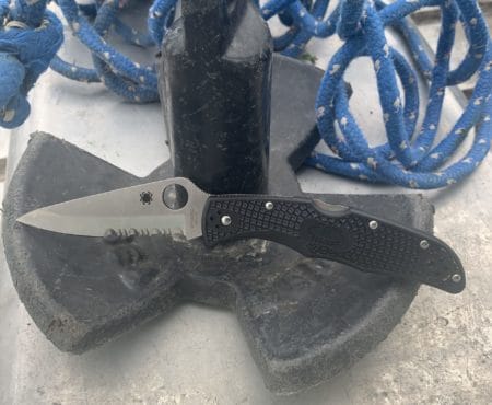 If you're looking for a good partially serrated folding knife for boating/rafting then you ought to check out the Spyderco Endura FRN Black Combo.