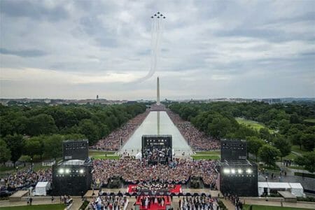 Navy Blue Angels flying over the Washington Monument and National Mall at the 2019 Salute to America_Photo by Tami A. Heilemann, DOI