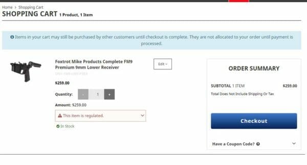 Foxtrot Mike Products Complete FM9 Premium 9mm Lower Receiver Deal Cart Check