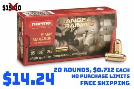 Norma Range & Training, 9mm Makarov, FMJ, 95 Grain, 20 Round Boxes Deal